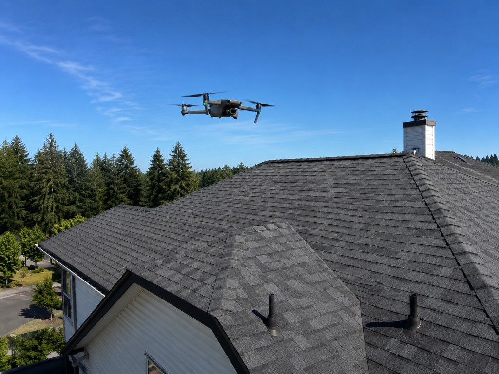 Drone en inspection au-dessus d’une toiture résidentielle